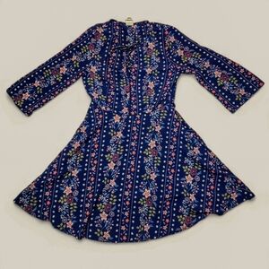 Navy Floral Fit-and-Flare Dress Lace-Up Neck Bell‎ Sleeve Cottagecore Boho